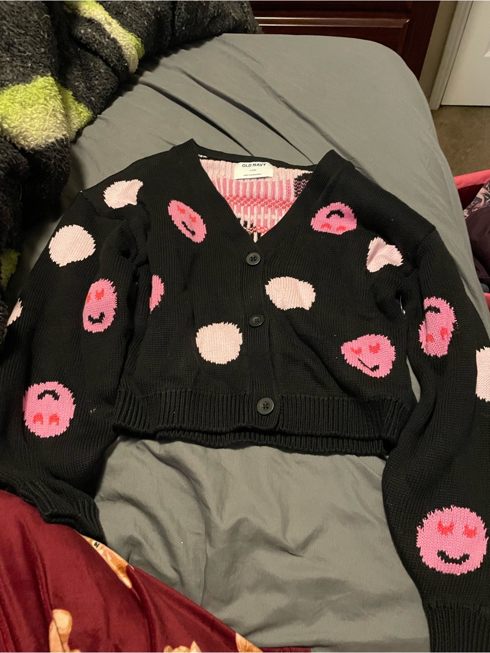Old Navy Black Crop Cardigan with Pink Smiley Dots